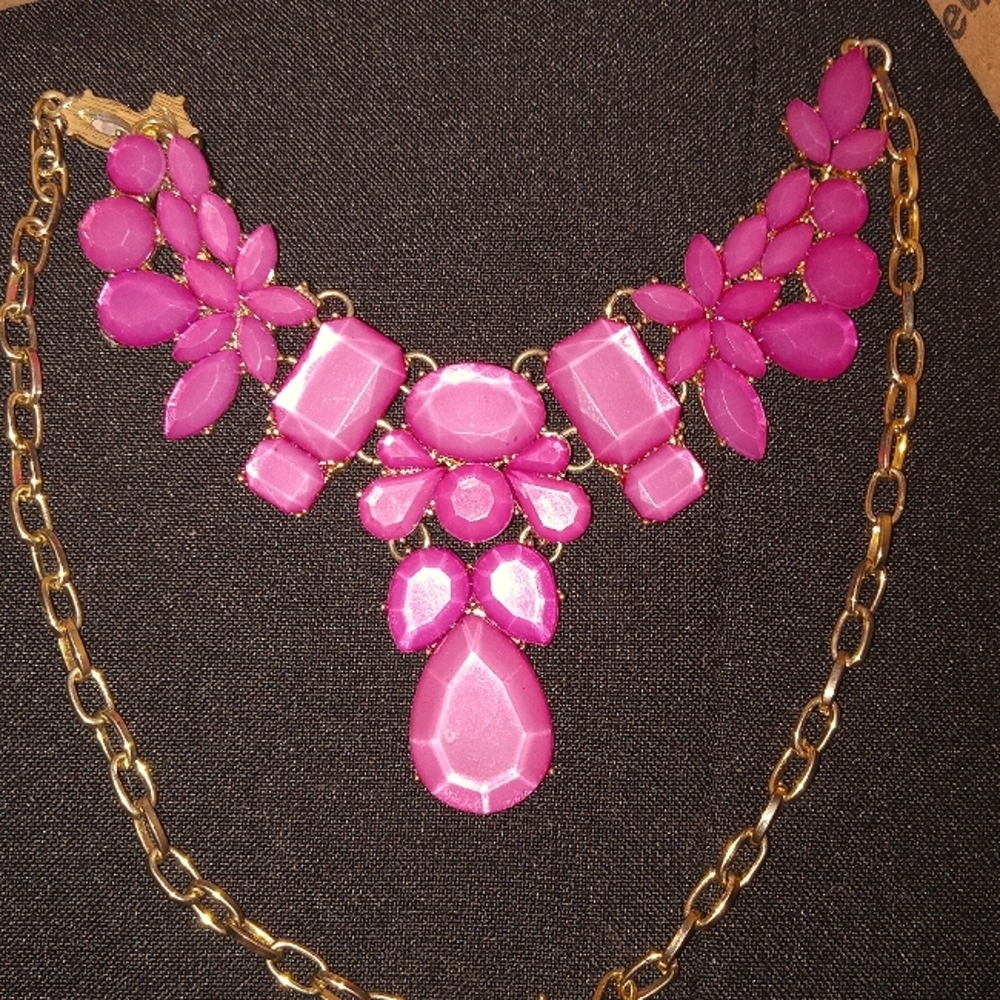 Magenta Pink Teardrop Necklace with Gold Tone Chain